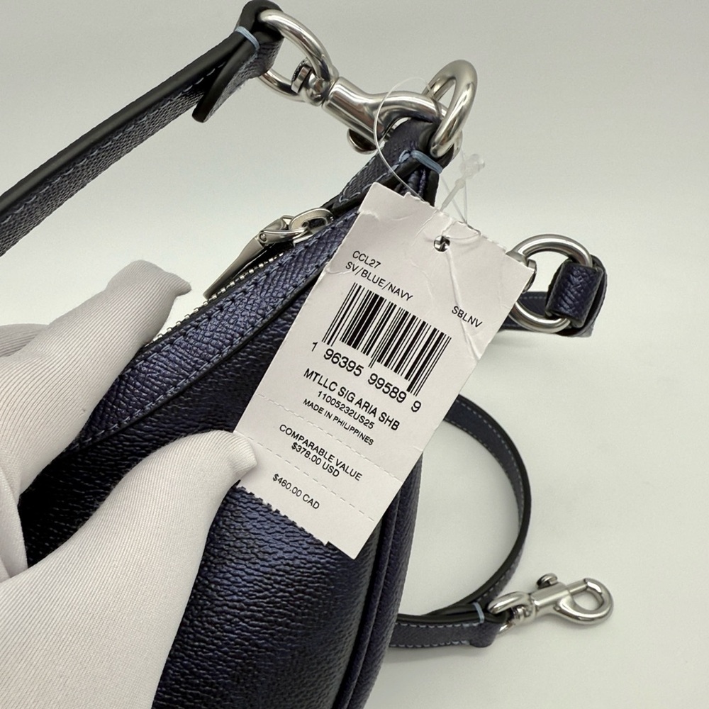 Coach Aria Shoulder Bag In Signature Canvas Silver Blue Navy - Picture 10 of 11